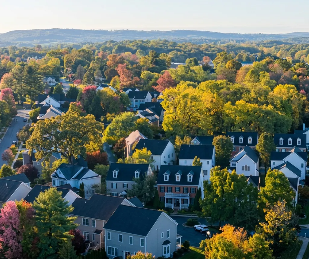 Aerial view of a suburban neighborhood with houses surrounded by colorful autumn trees and distant hills.