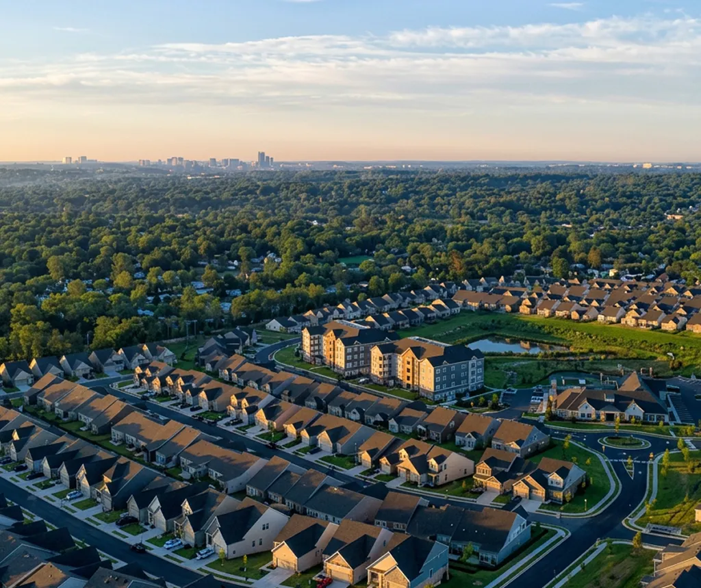 Aerial view of suburban neighborhood with rows of houses, apartment buildings, and dense green trees under a partly cloudy sky.