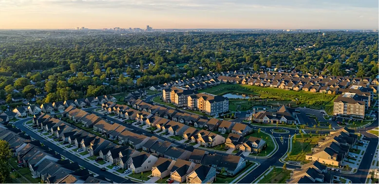 Aerial view of a suburban neighborhood with rows of houses, apartment buildings, and dense green trees.