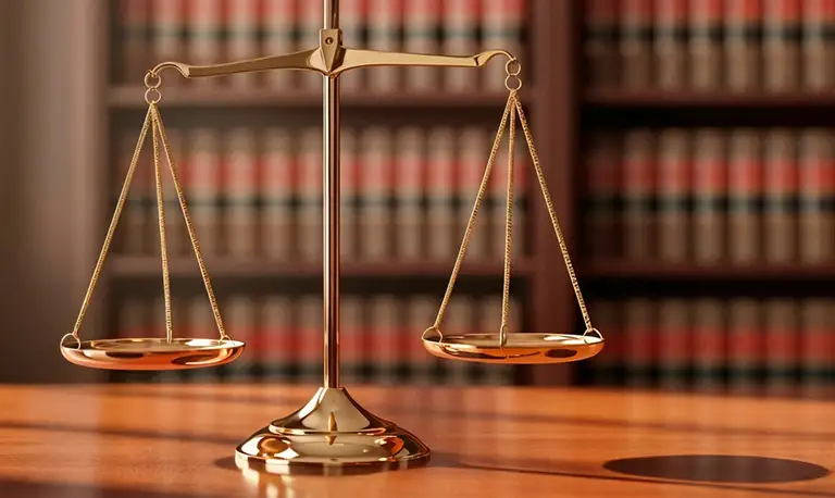 Golden balance scale on wooden desk with blurred law books in background.