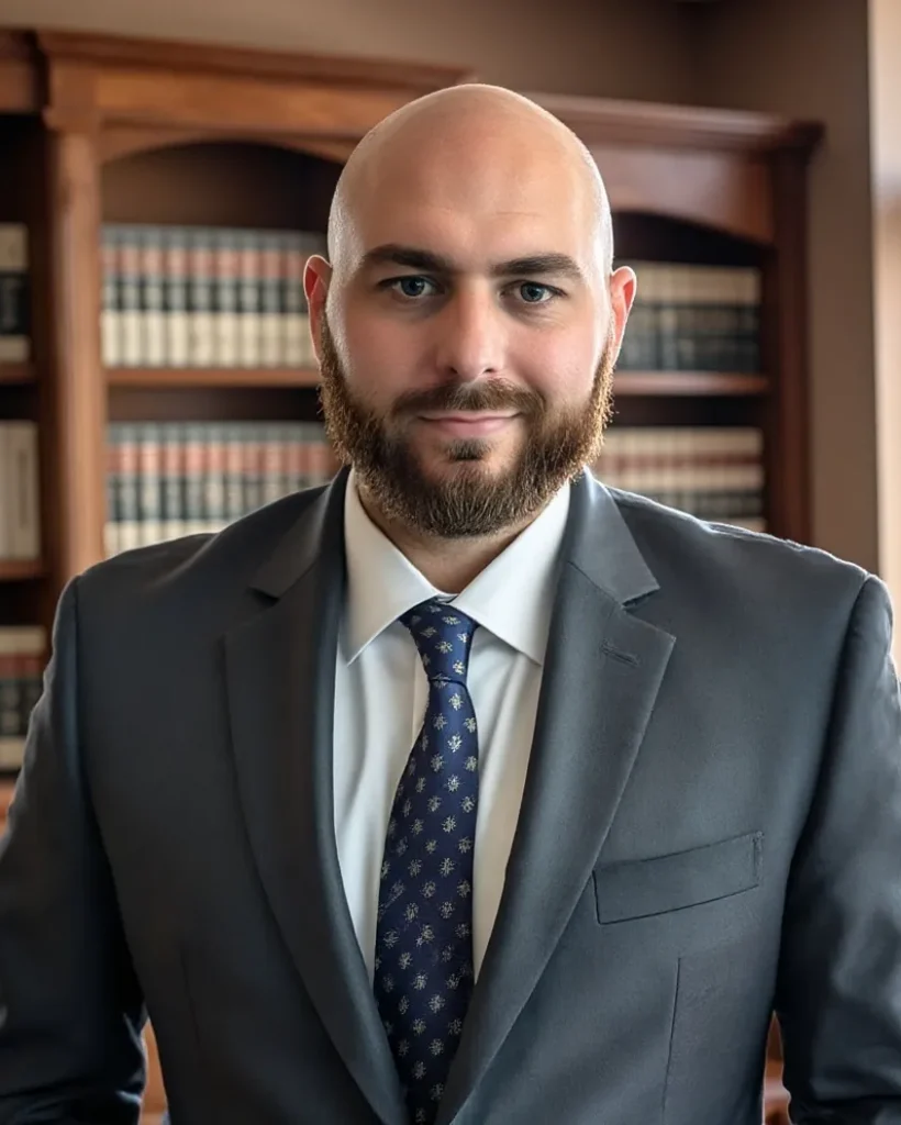 Professional portrait of a bald man with beard wearing a suit and tie in an office.