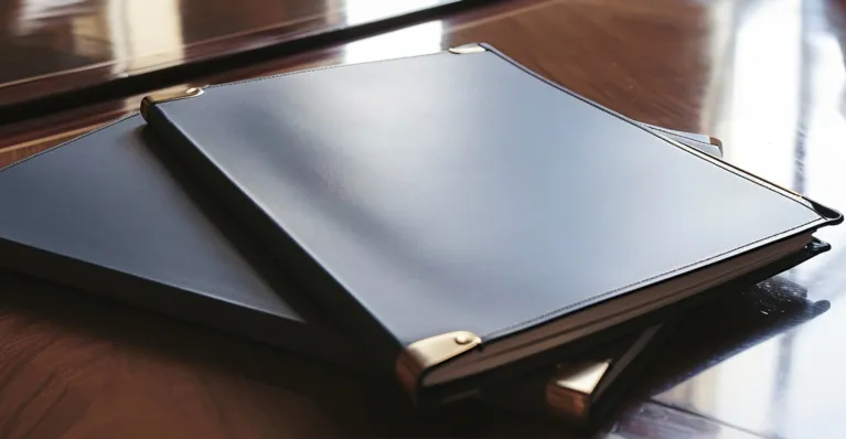 Two closed black leather-bound folders with gold corner protectors on a polished wooden surface.