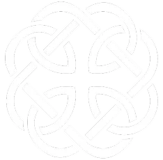 Intricate black and white Celtic knot with symmetrical interwoven loops.