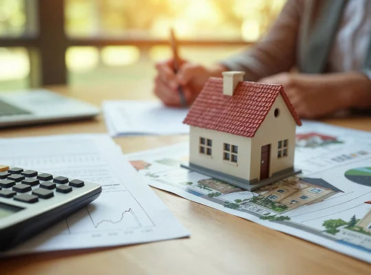 Small house model on architectural plans with calculator and person writing in background.