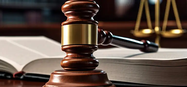 Close-up of a wooden judge's gavel with a gold band, open law book, and blurred scales of justice.