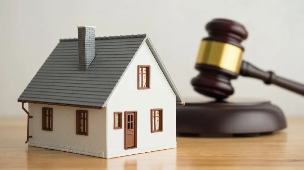 Small white model house with gray roof beside a wooden judge's gavel on a table.